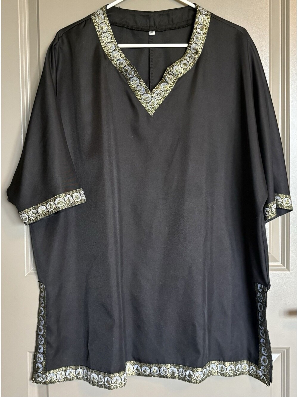 Black Short Sleeve Viking Tunic With Metallic Thread Trim